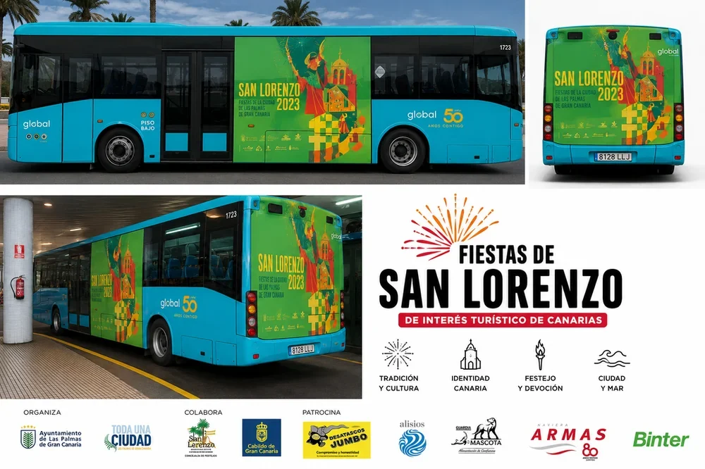 Bus wrap con la imagen de las Fiestas de San Lorenzo circulando por Las Palmas de Gran Canaria